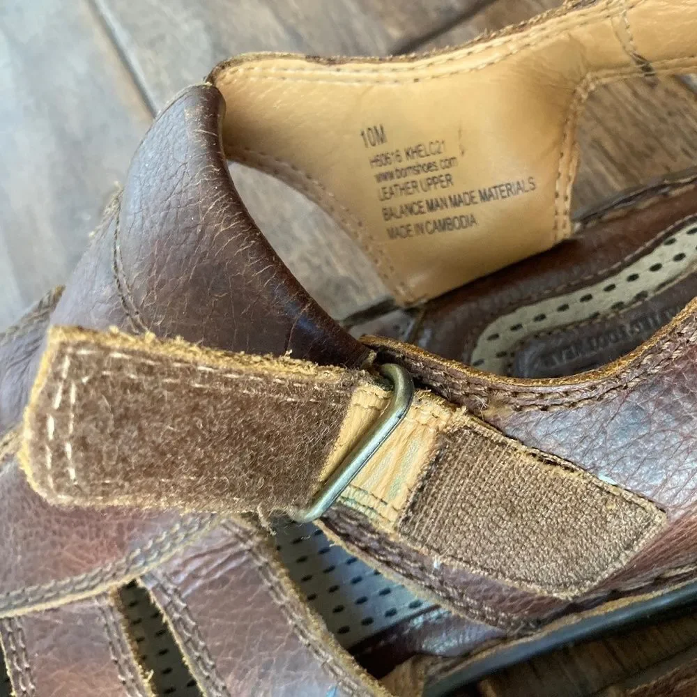 Born Whigham Men’s Sandal 10M Fisherman Style Brown Leather Hook & Loop